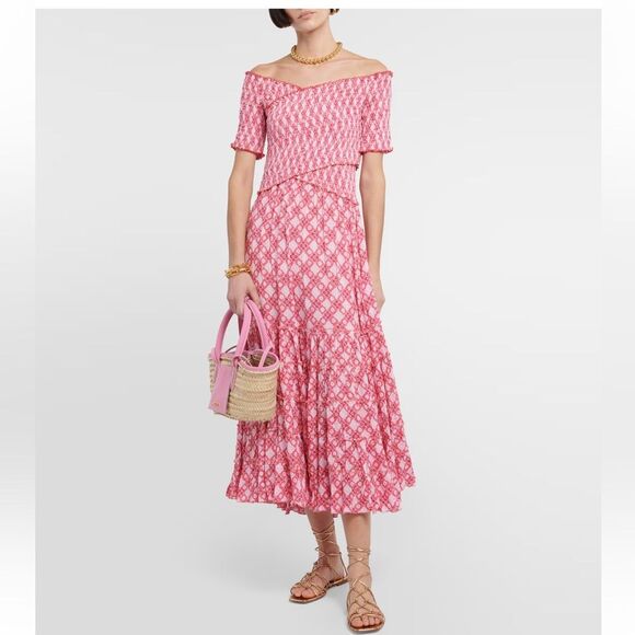 Poupette St. Barth NWT Soledad Ruched Smocked Midi Dress in Pink Hyeres - Picture 1 of 15